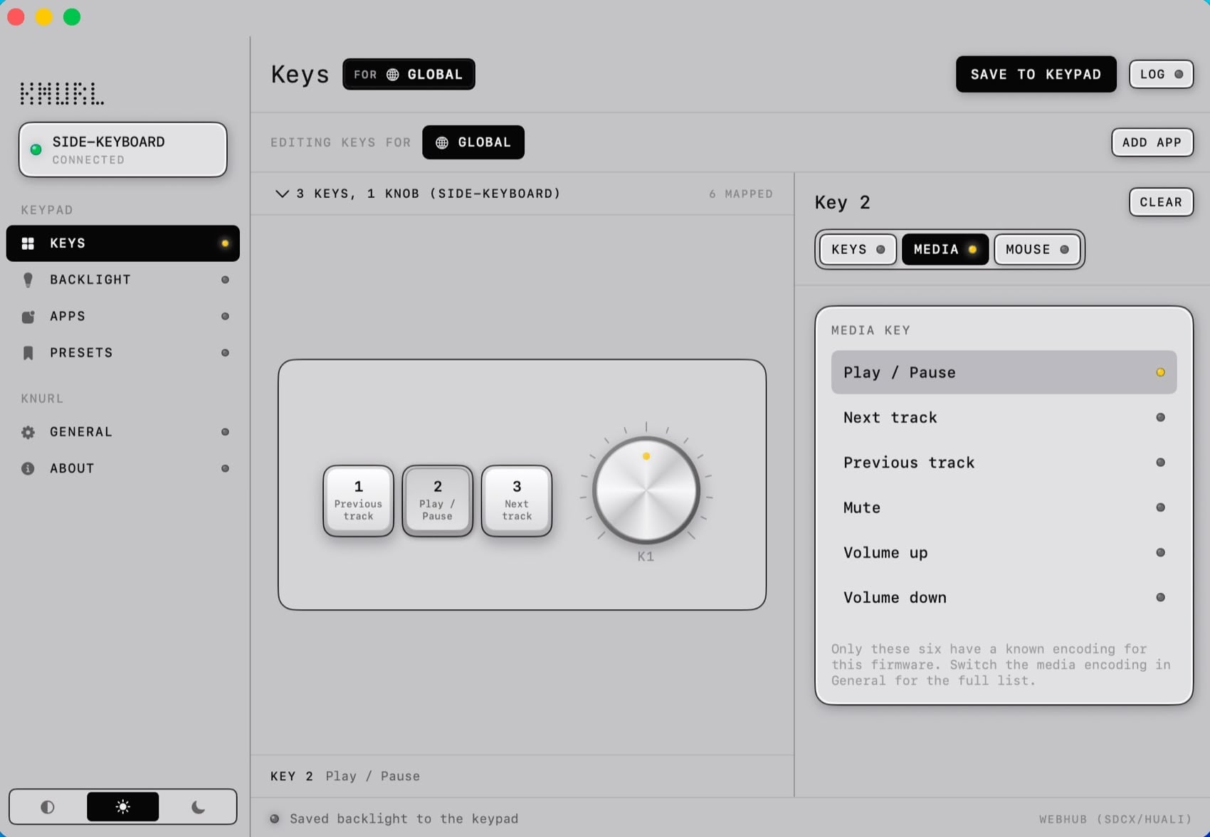 Knurl in its light theme, a pale plastic control panel.