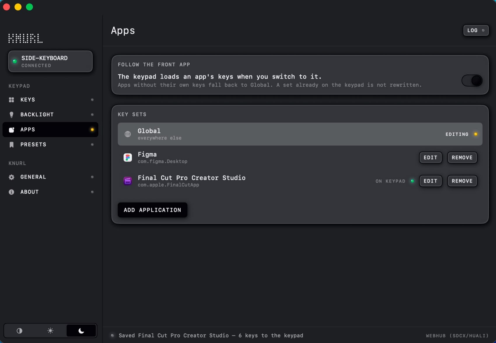 The Apps panel listing three key sets: Global, Figma, and Final Cut Pro Creator Studio, the last marked as on the keypad.