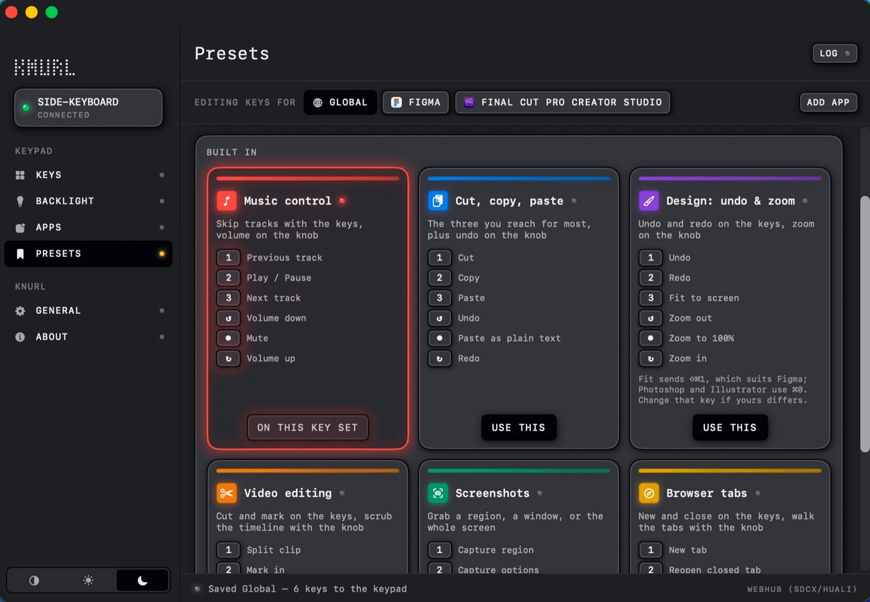 The Presets panel showing six template cards: music control, cut copy paste, design undo and zoom, video editing, screenshots and browser tabs.