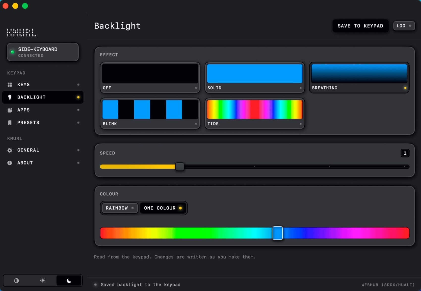 The Backlight panel with five effects, breathing selected in blue, a speed slider and a hue strip.