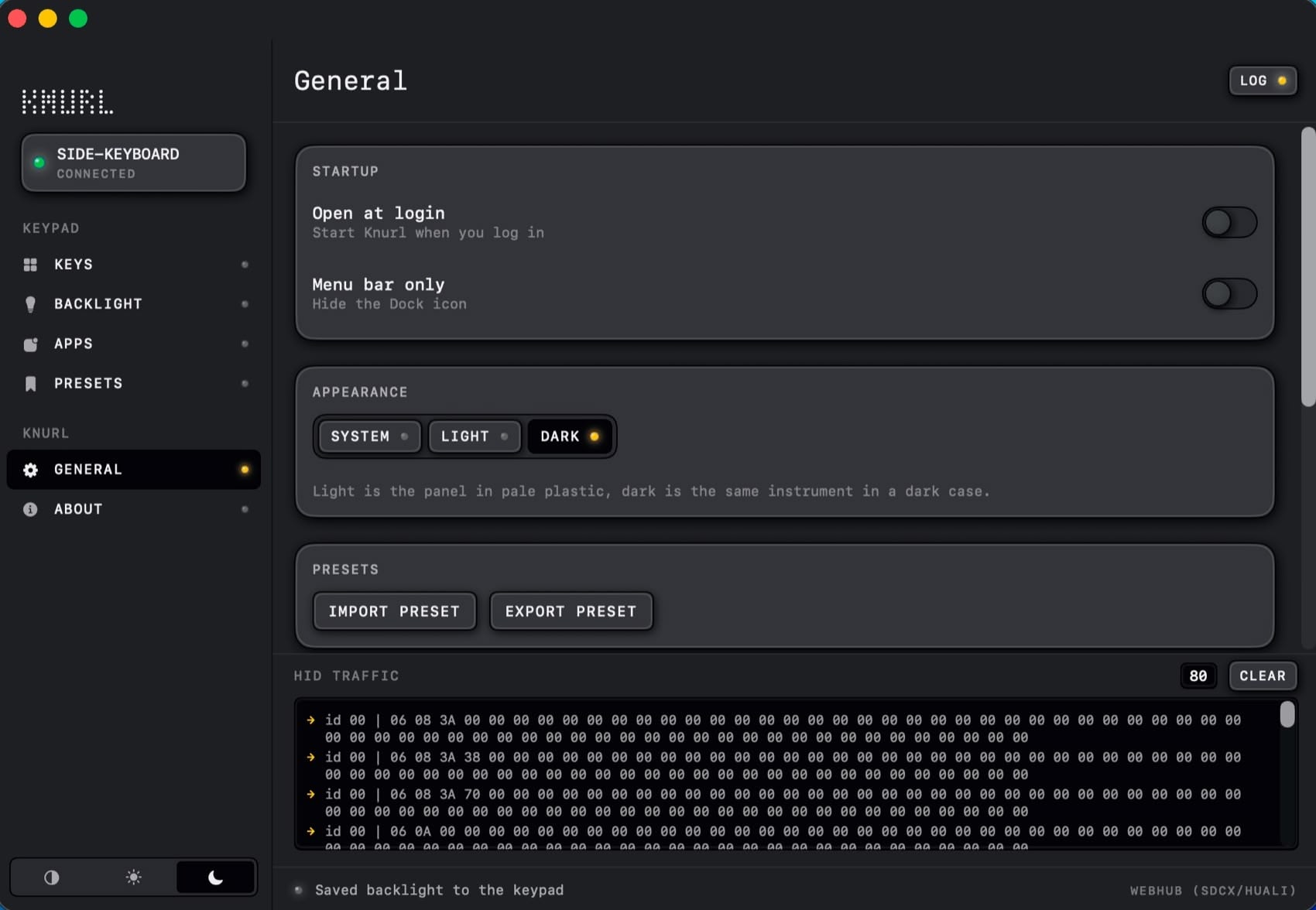 The General panel with startup, appearance and preset controls, and below them a HID traffic log showing raw frames.
