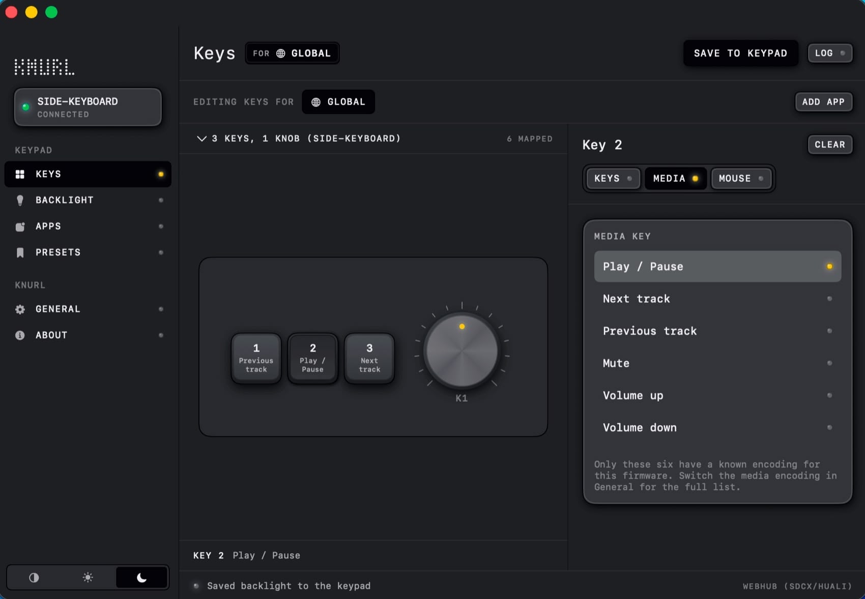 The Knurl window. A SIDE-KEYBOARD is connected, three keys are mapped to Previous track, Play Pause and Next track, and the inspector shows the media key list for key 2.